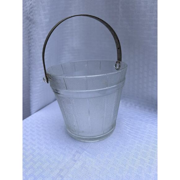 Vintage Glass Ice Bucket with a Hammered Metal Handle and Wooden Bucket Design - Picture 11 of 12